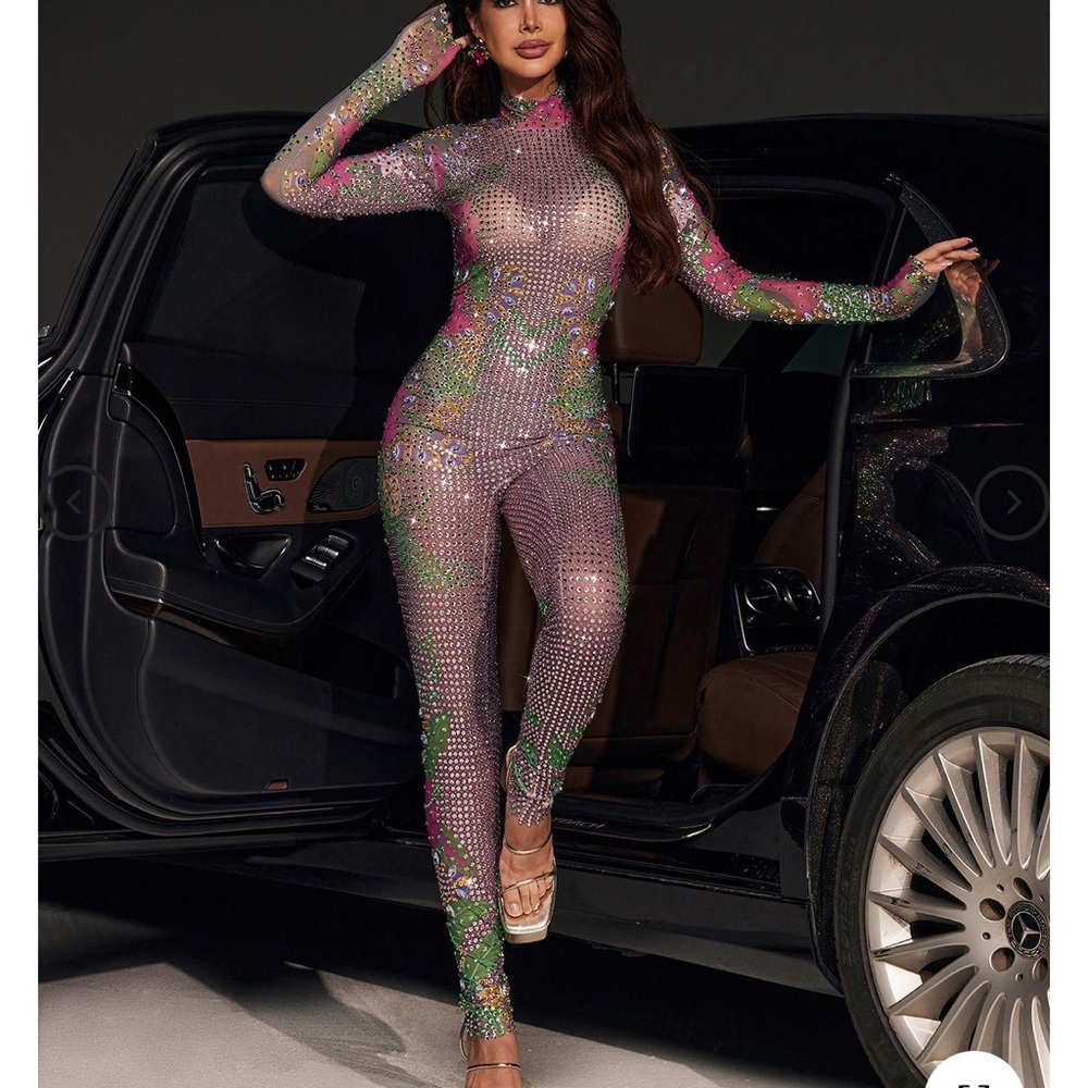 Anissa Floral Rhinestone Mesh Jumpsuit From Mew Mews